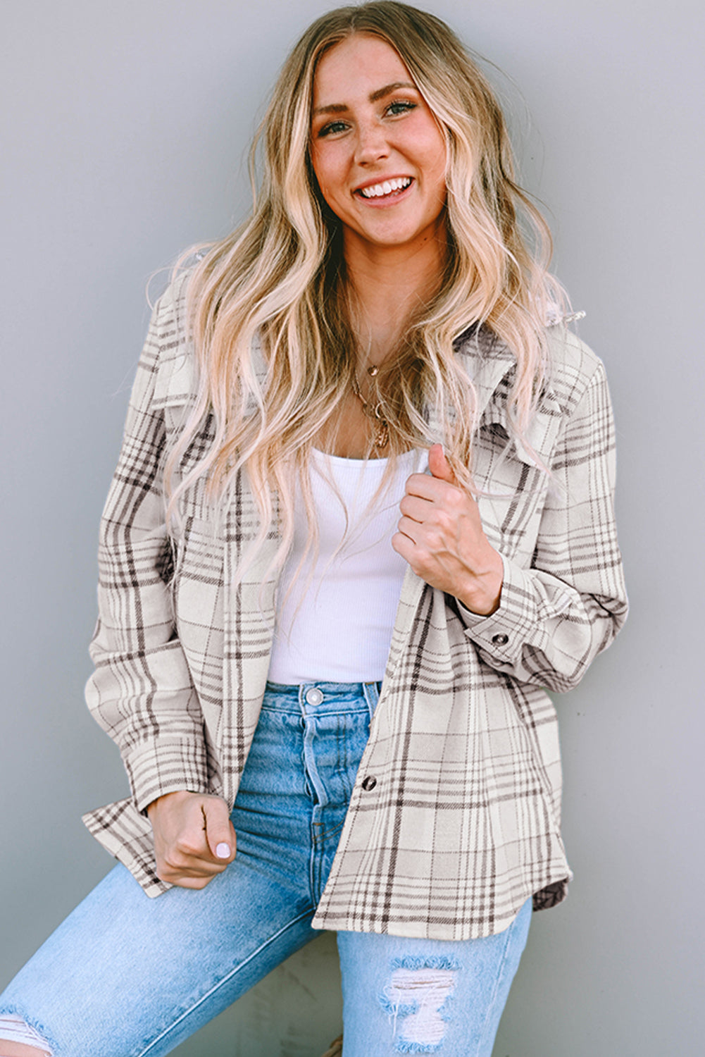 Khaki Plaid Removable Hood Buttoned Shacket