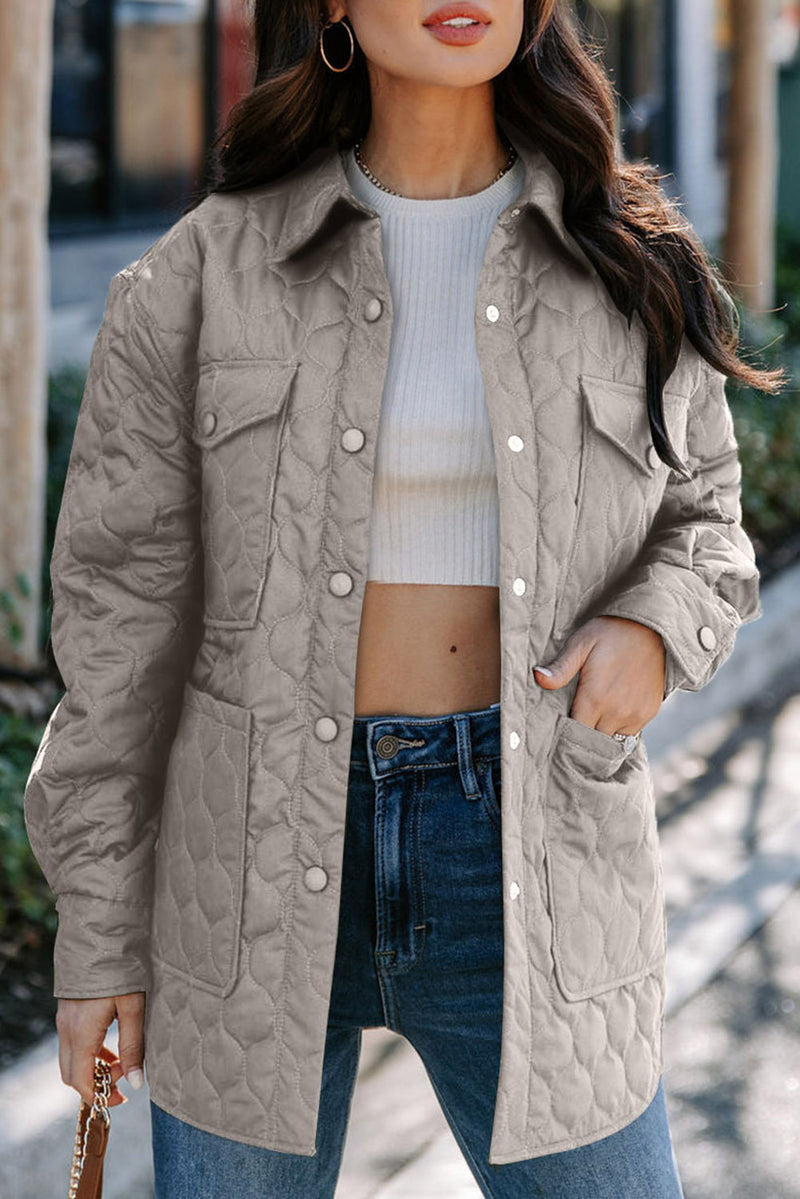 Beige 4 Big Pockets Quilted Button Down Puffer Coat