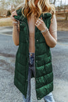 Green Hooded Long Quilted Vest Coat