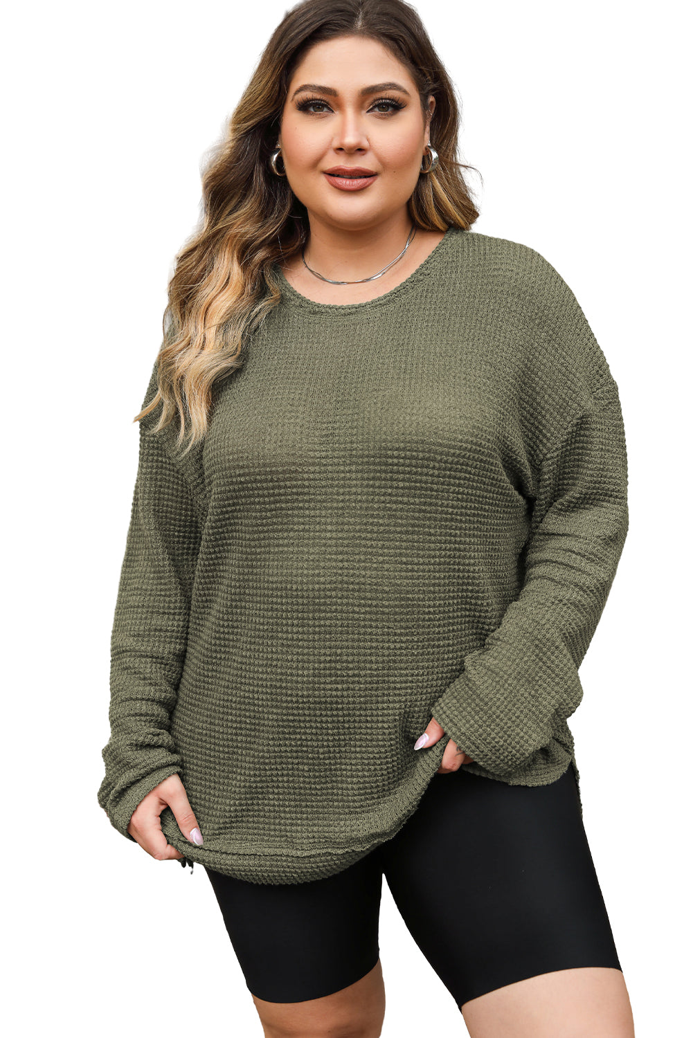 Khaki Waffle Knit High Slits Oversized Top