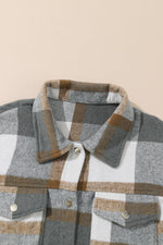 Medium Grey Plaid Snap Button Pocket Fringed Hem Jacket