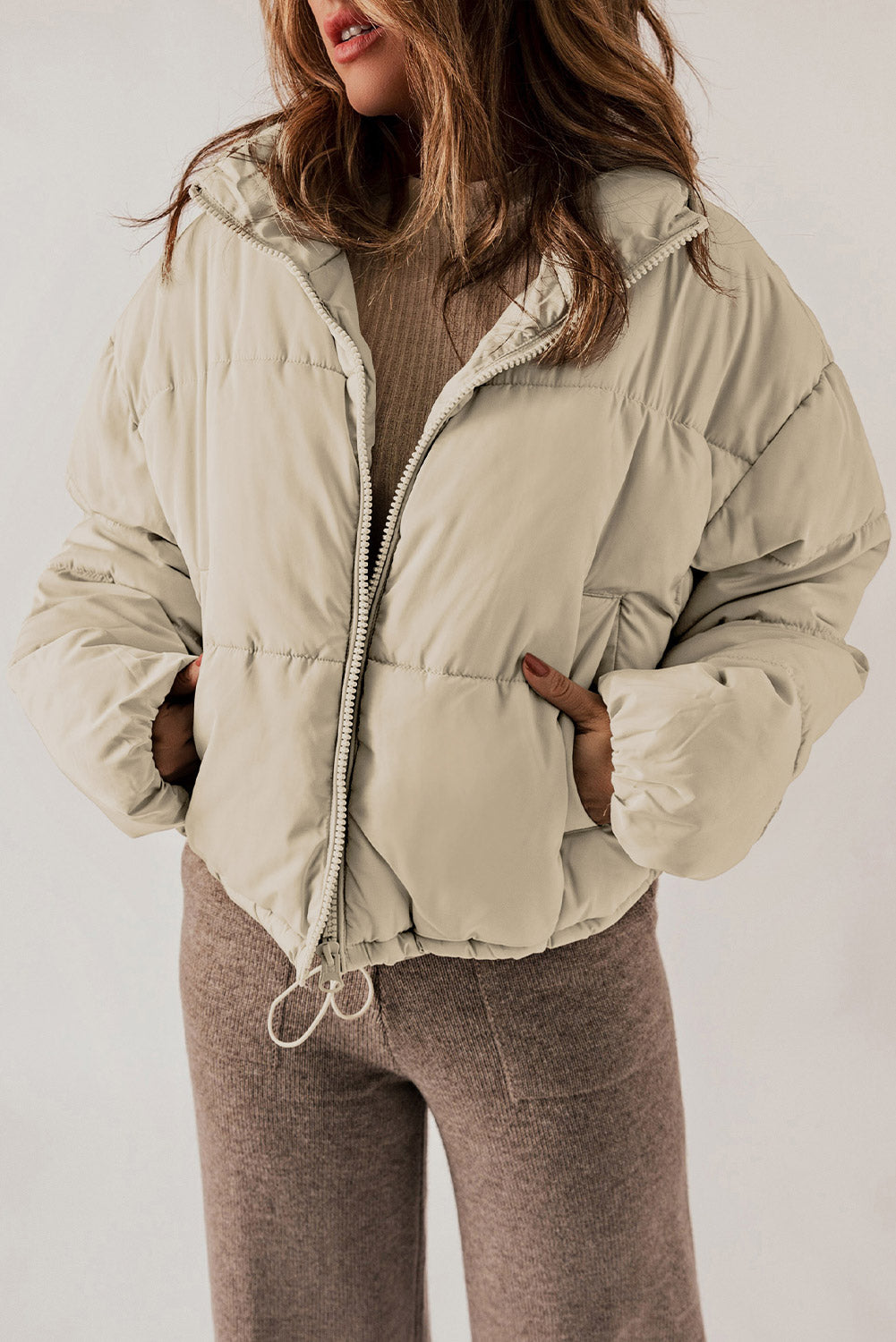 apricot zip up drawstring hem puffer coat