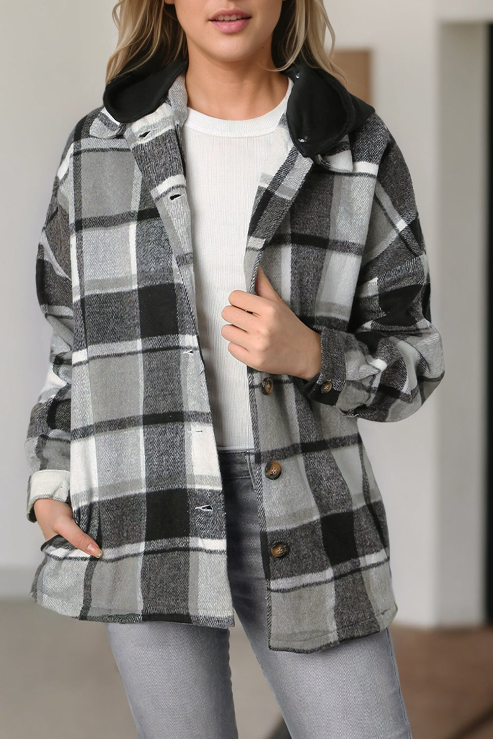 Fiery Red Hooded Plaid Button Front Shacket