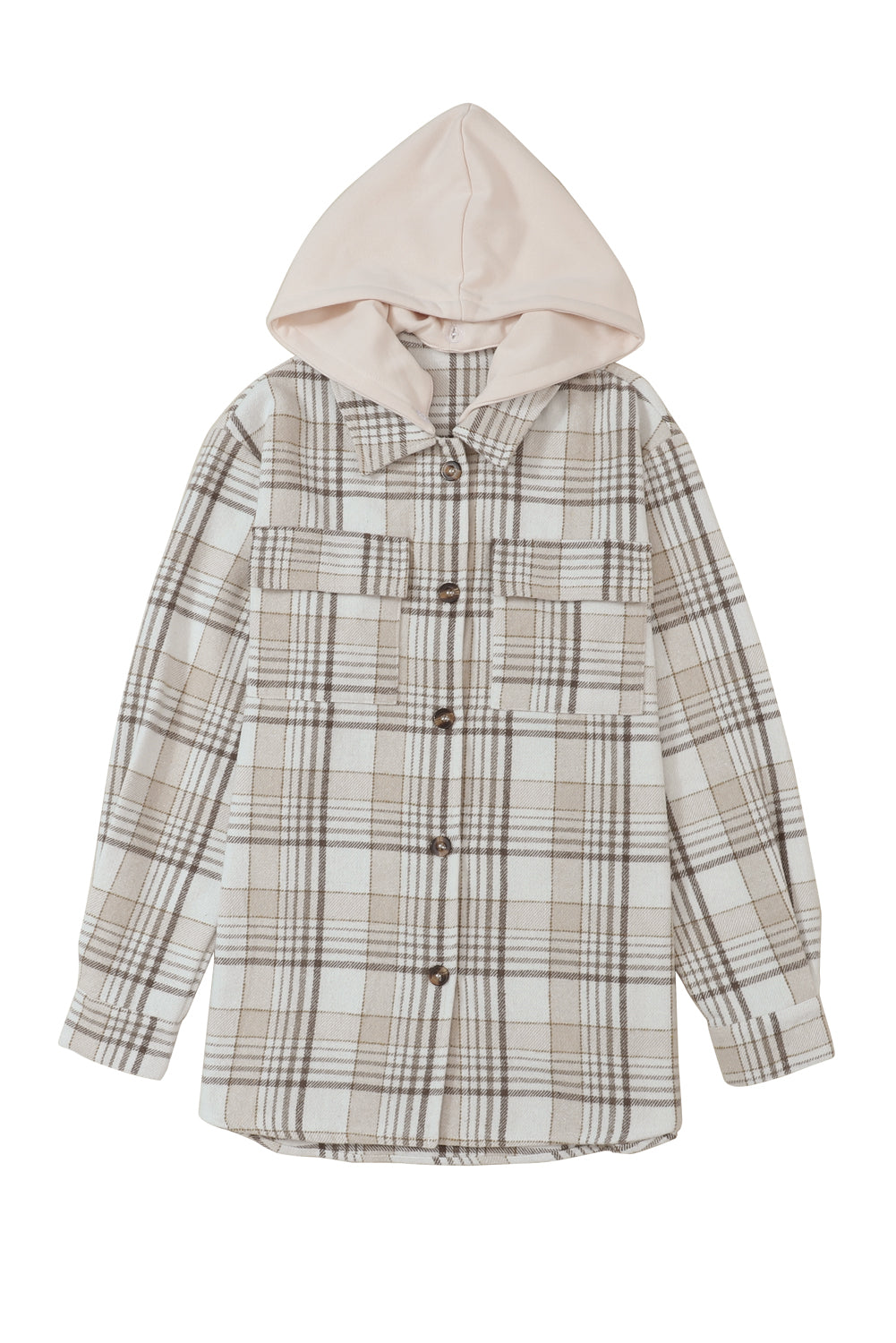 Khaki Plaid Removable Hood Buttoned Shacket