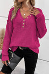 Khaki Pointelle Knit Button V Neck Drop Shoulder Sweater