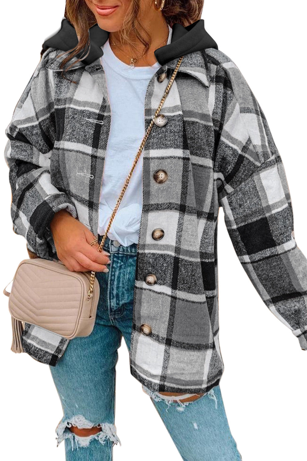 Fiery Red Hooded Plaid Button Front Shacket