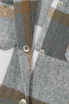 Medium Grey Plaid Snap Button Pocket Fringed Hem Jacket