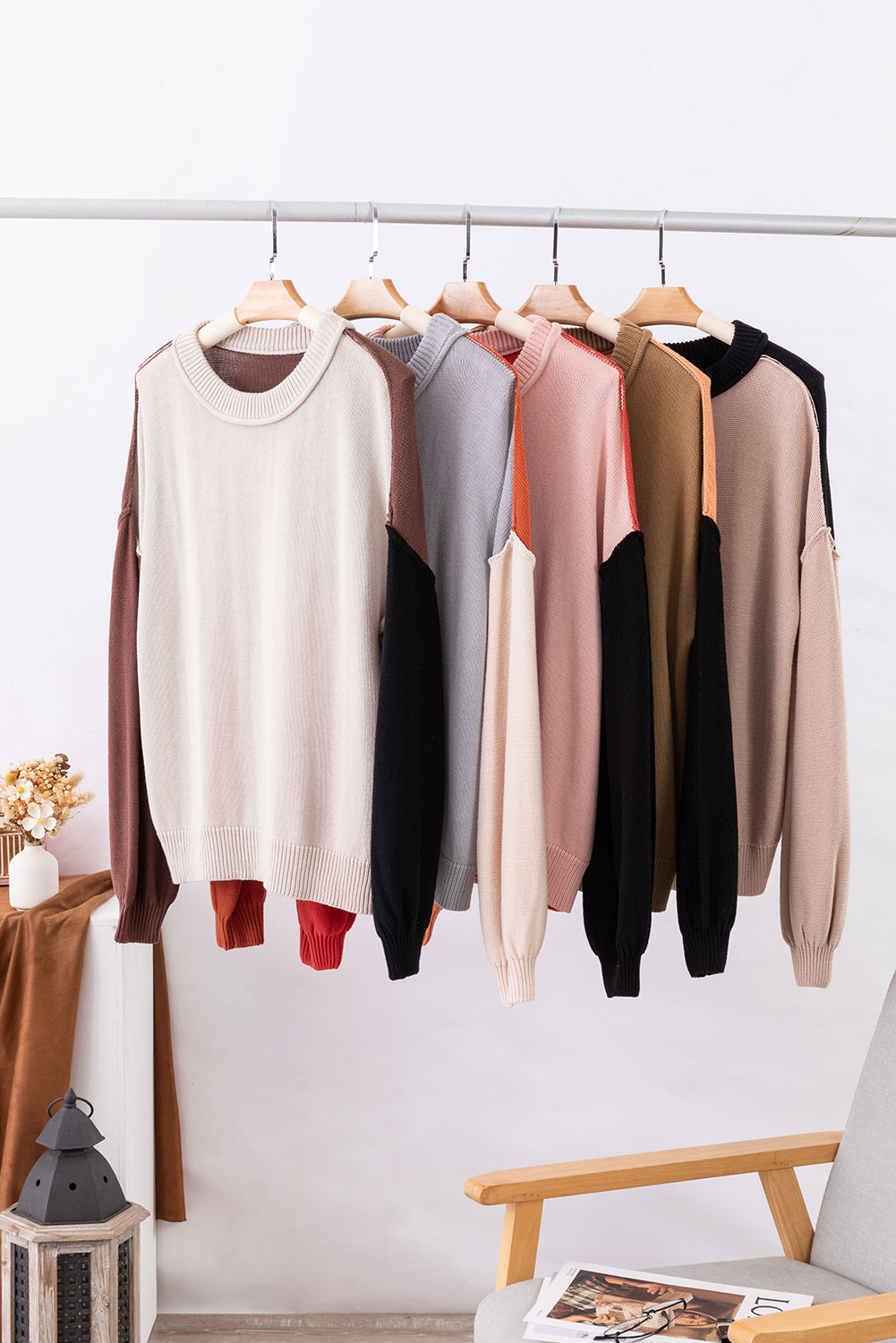 Coffee Colorblock Bishop Sleeve Ribbed Trim Sweater