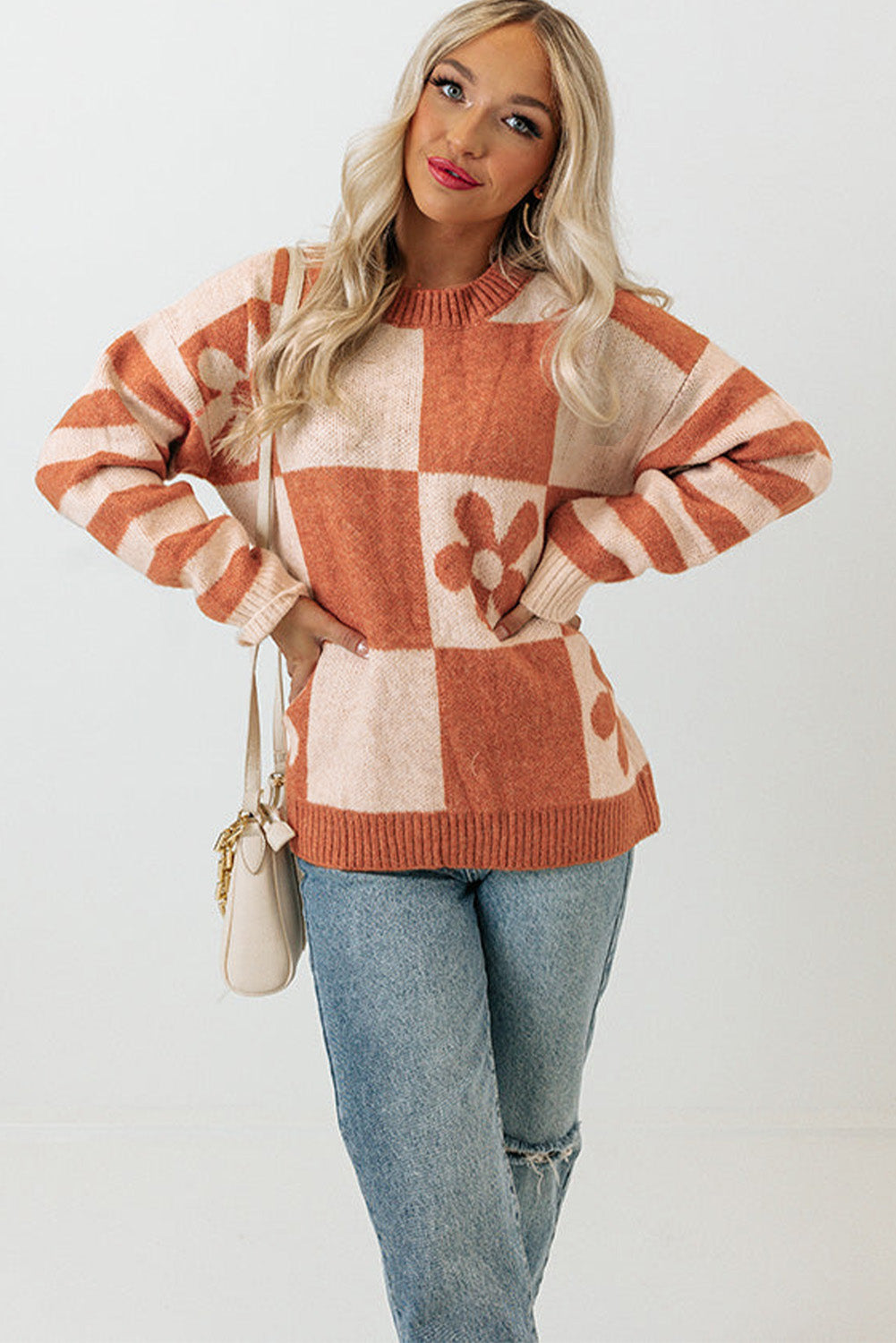 rose checkered flowr sweater - pink/orange/mist/orchid