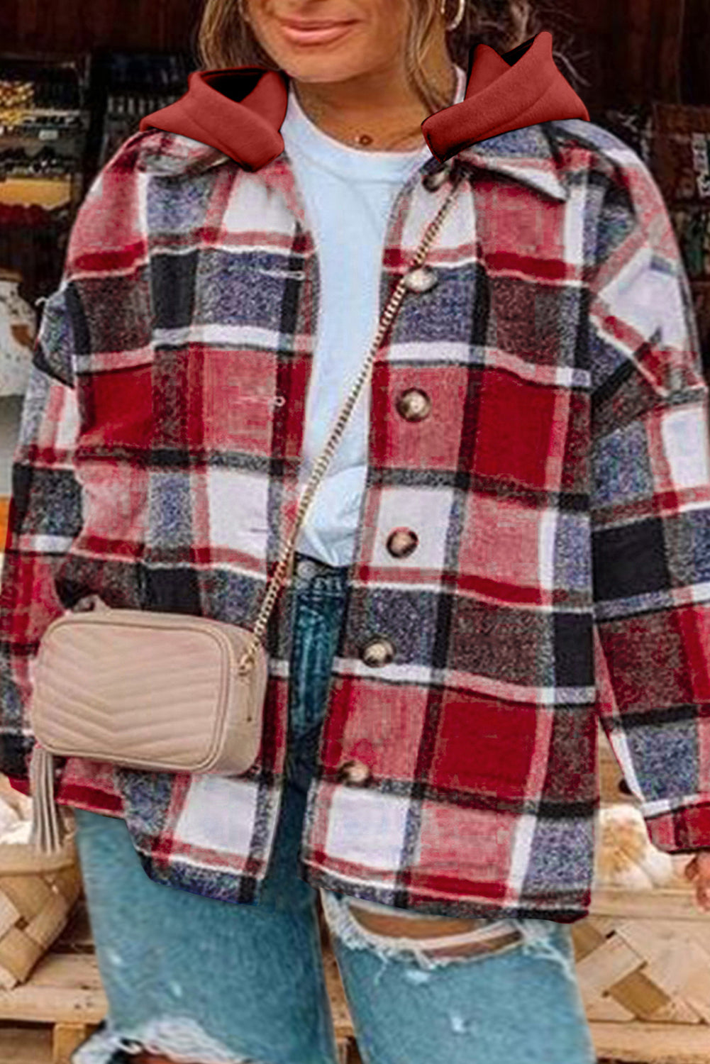 Fiery Red Hooded Plaid Button Front Shacket