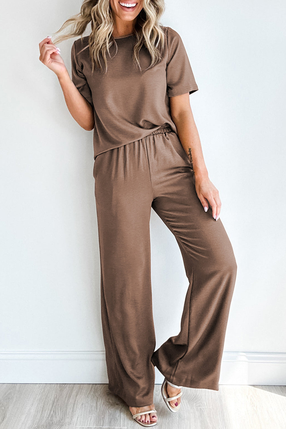 ella wide leg pant set - smoke and black