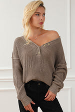 Khaki Pointelle Knit Button V Neck Drop Shoulder Sweater
