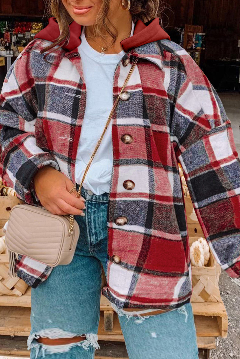 Fiery Red Hooded Plaid Button Front Shacket