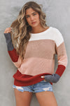 Chestnut Color Block Knitted O-neck Pullover Sweater