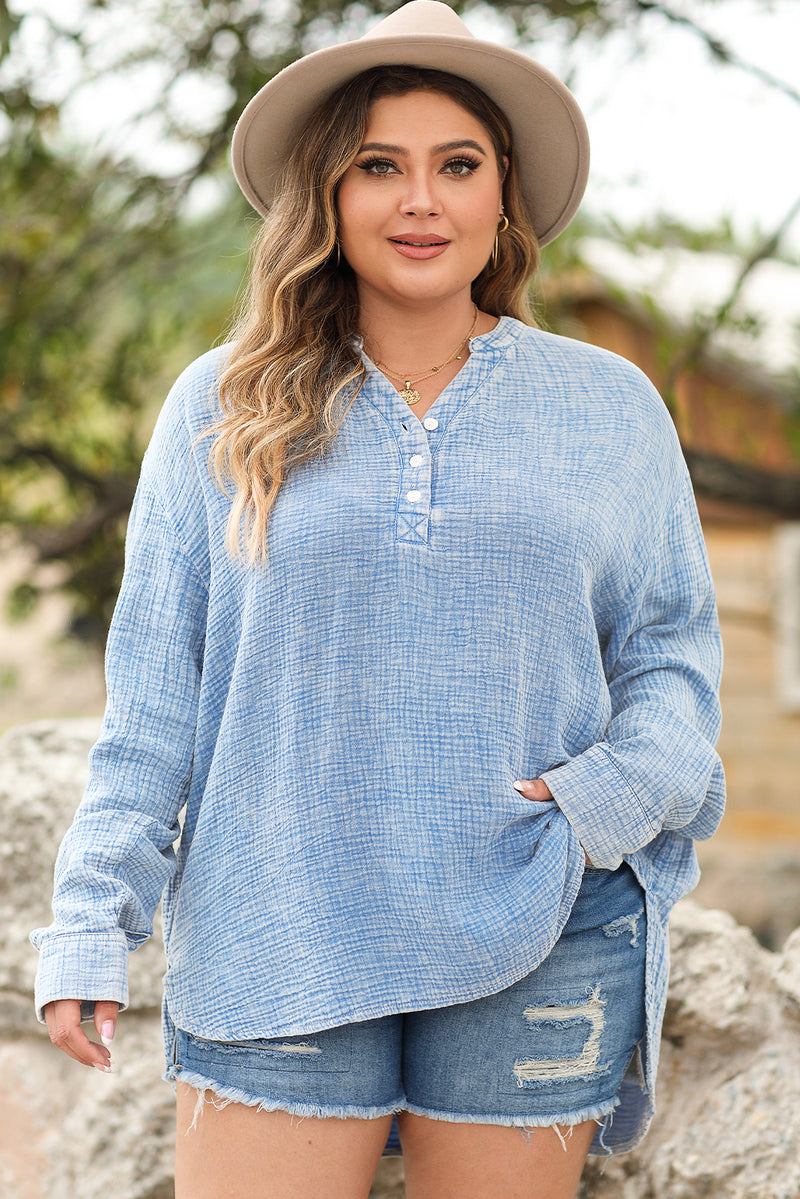 Gray Crinkle Textured Loose Henley Top