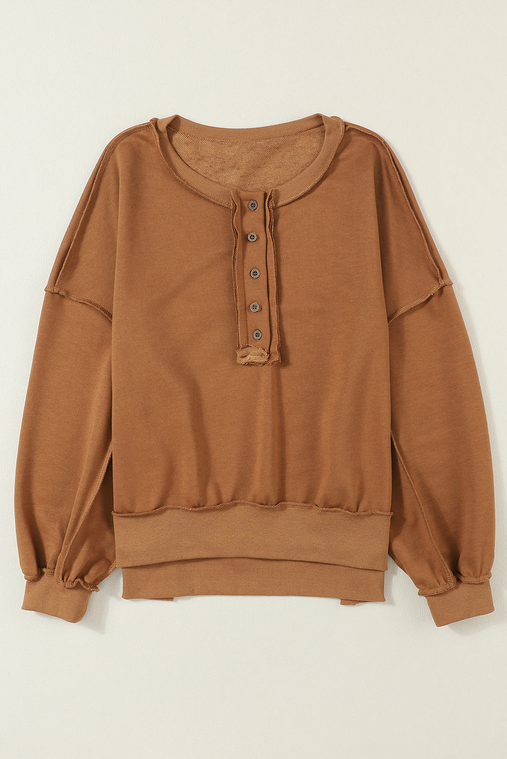 Chestnut Drop Shoulder Henley Buttons Sweatshirt