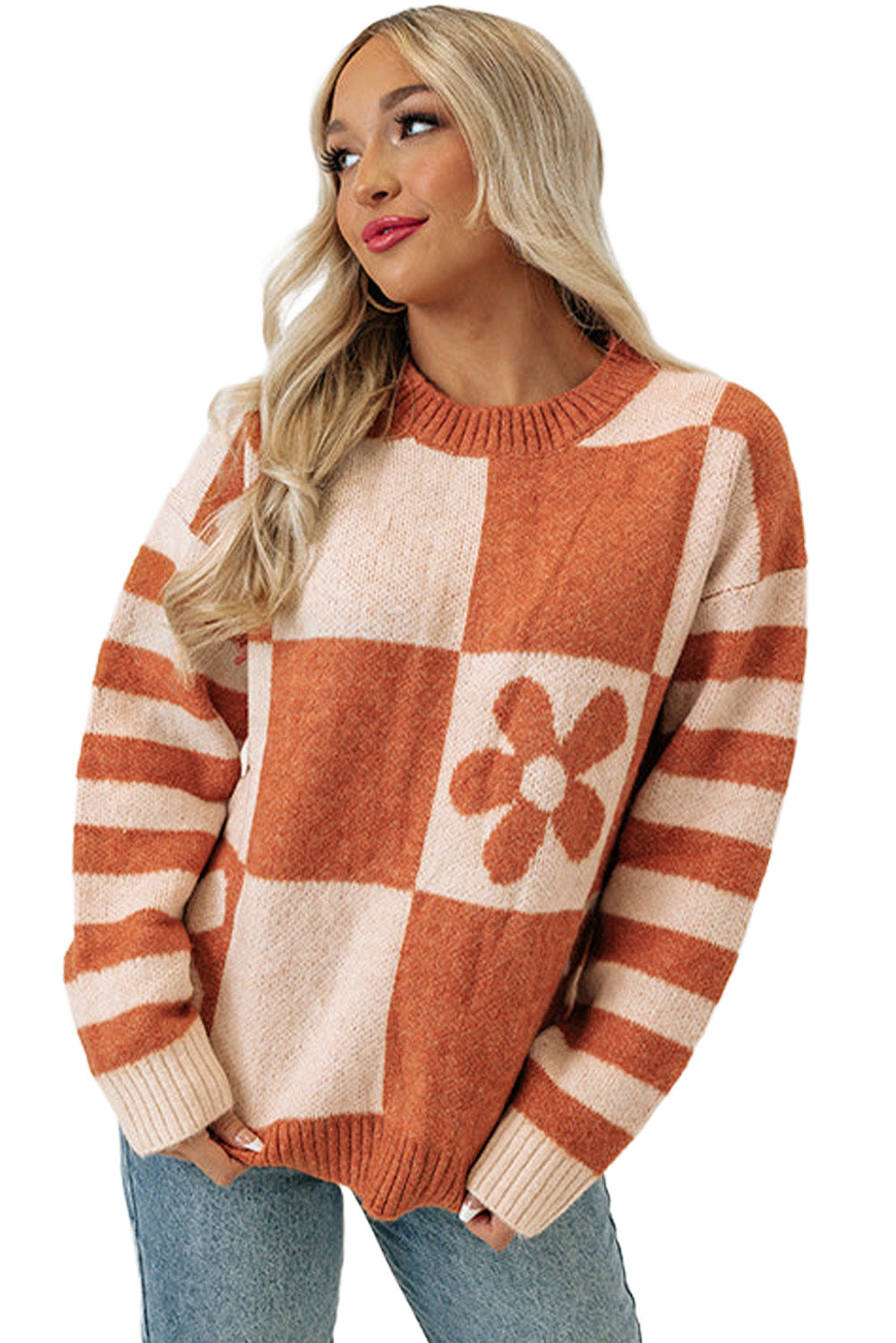 rose checkered flowr sweater - pink/orange/mist/orchid