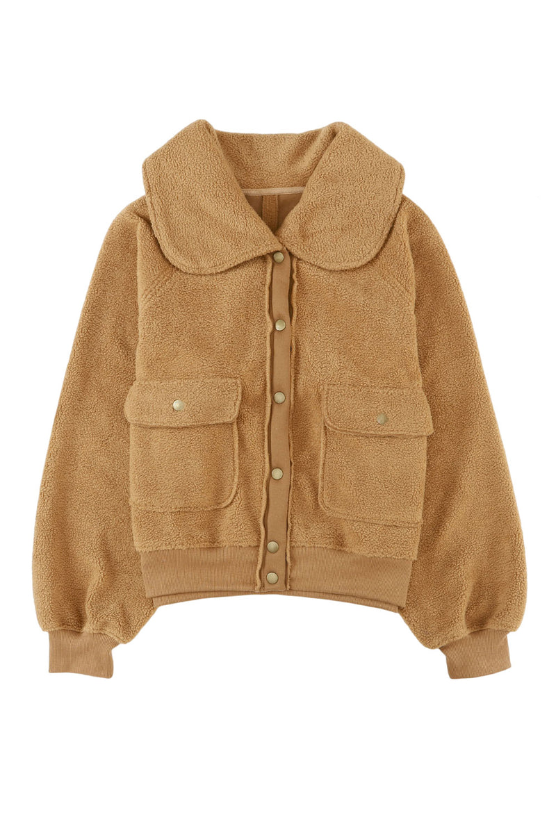 brown button flap pocket collar fleece jacket
