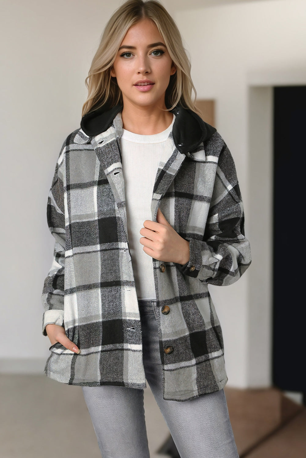 Fiery Red Hooded Plaid Button Front Shacket