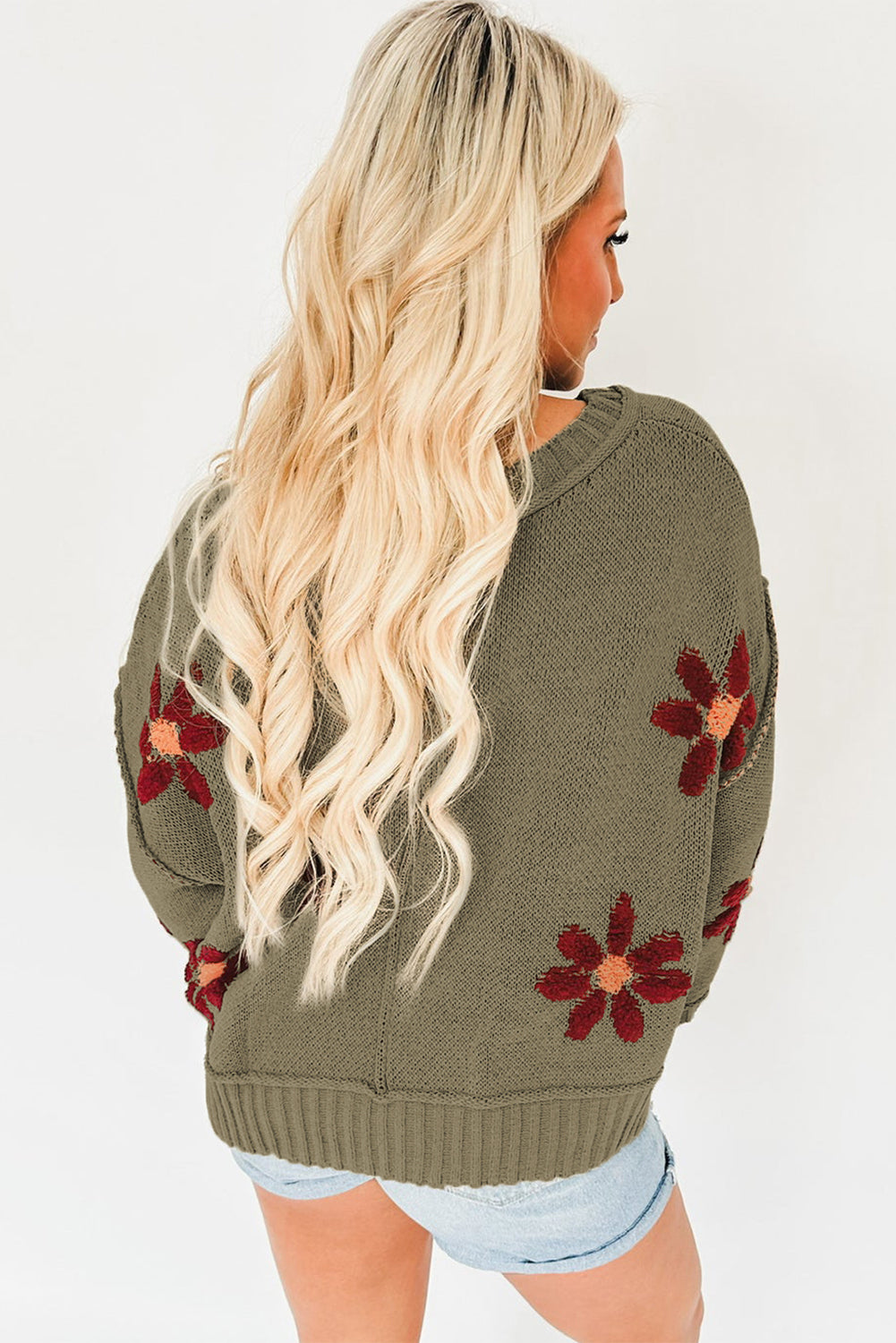 sage green big flower knit sweater