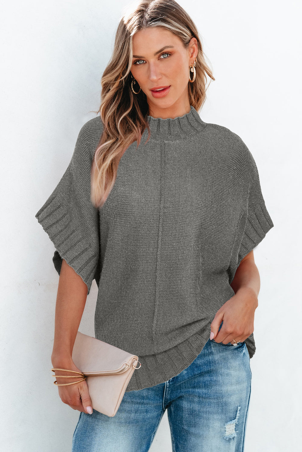 Black Mock Neck Batwing Short Sleeve Knit Sweater