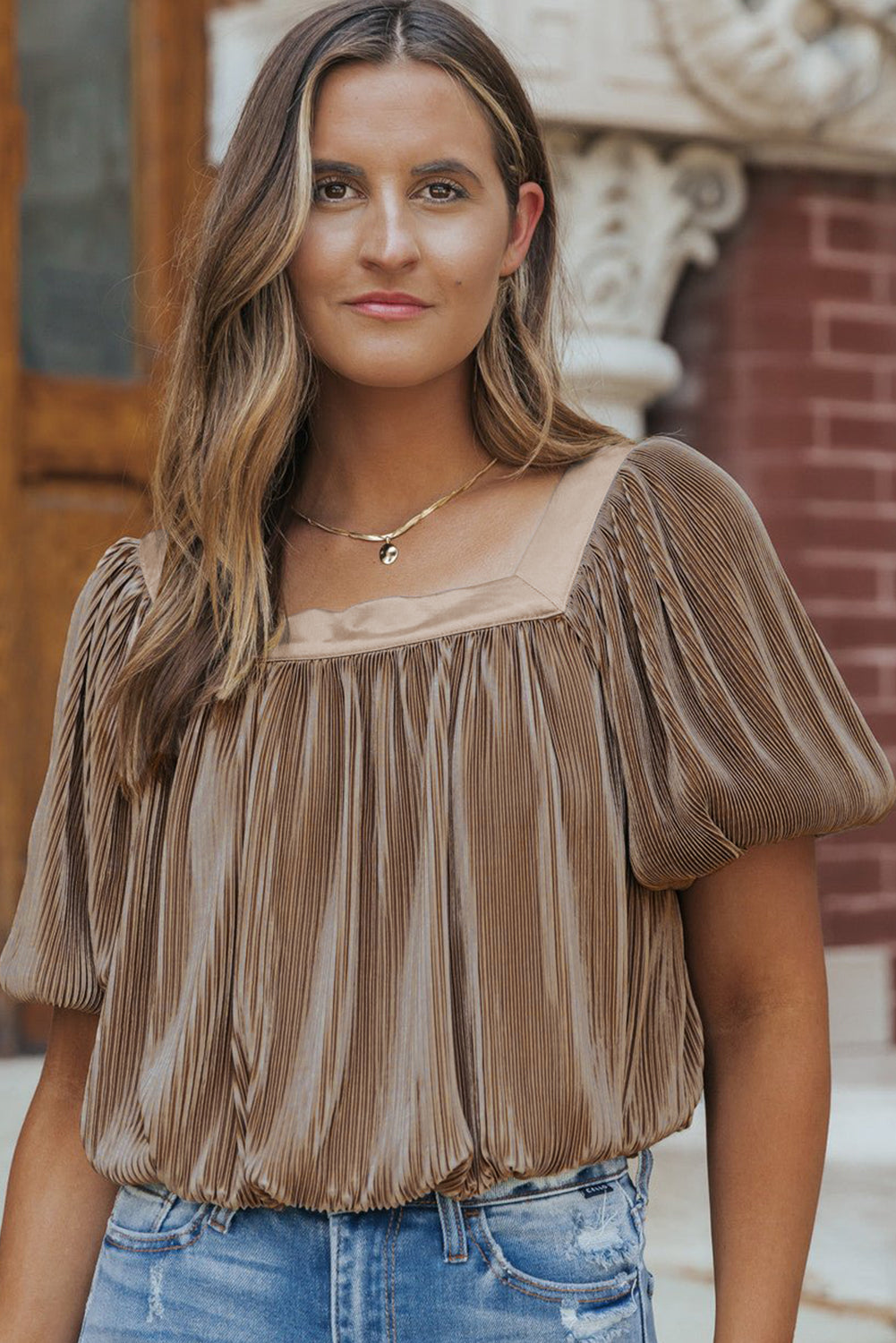 paisley taupe pleated square neck top