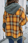 Medium Grey Plaid Patch Hooded Frayed Snap Button Jacket